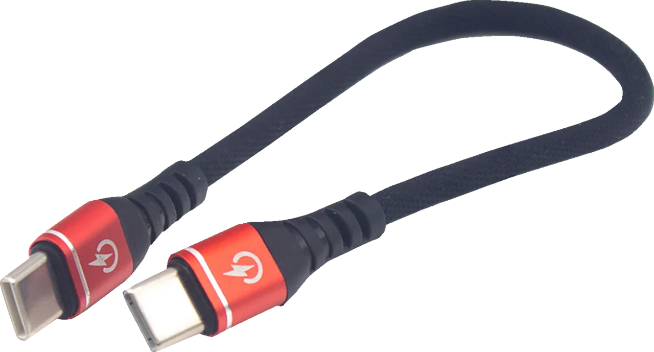 RidePower 7-1/2-inch Male USB-C to Male USB-C Heavy-Duty Rated Charging Cable - Black/Red