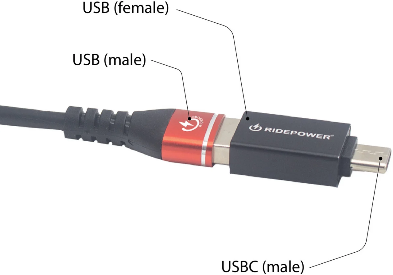 RidePower Female USB to Male USB-C Power Adapter