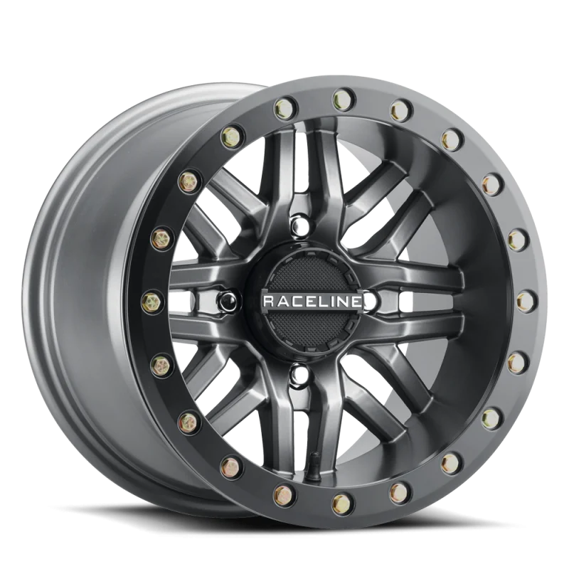 Raceline A91G Ryno 14x7in/4x137 BP/10mm Offset/110.18mm Bore - Gunmetal & Black Ring Beadlock Wheel - A91G-47037-52